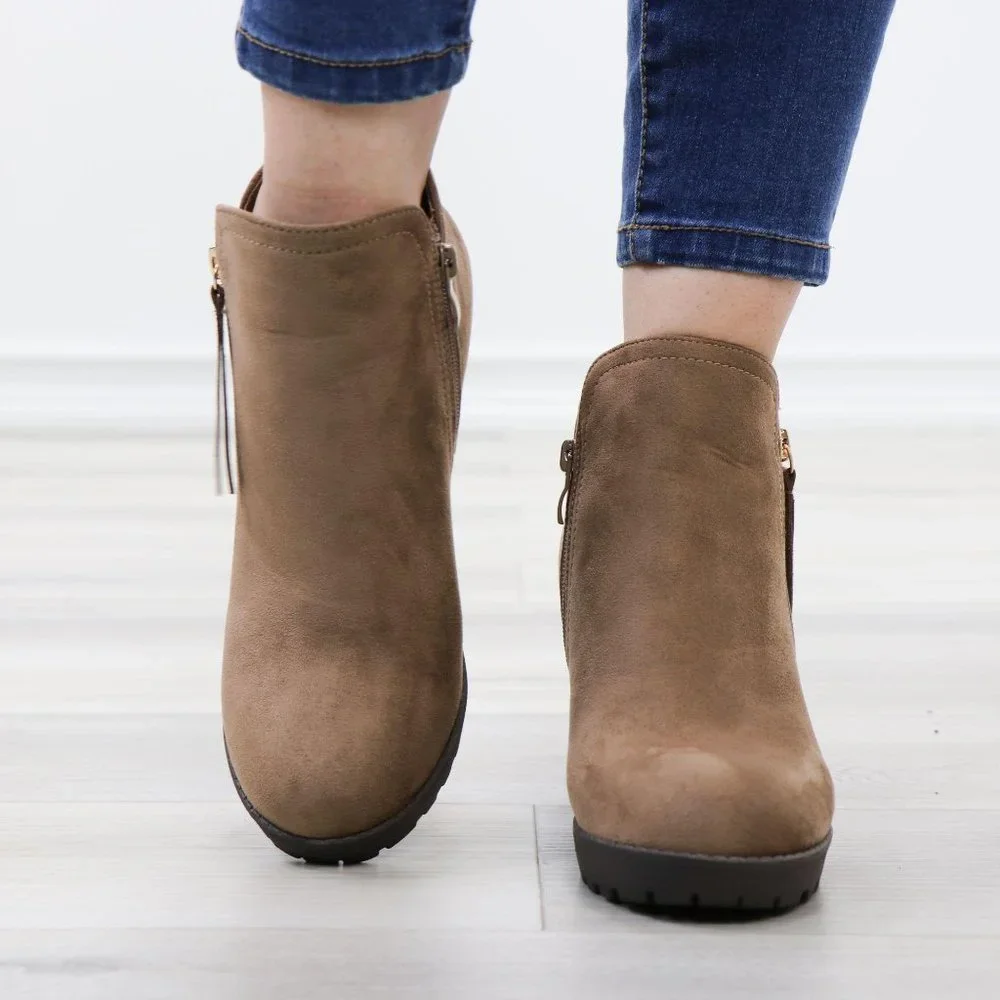 Taupe Suede Lug Chunky Heel Ankle Boots - Picture 9 of 12